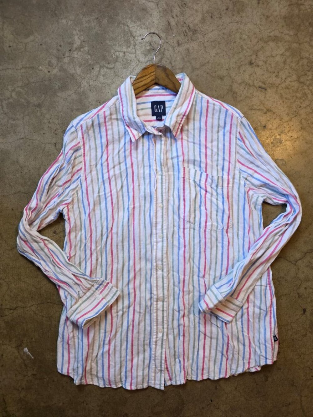 GAP Women’s Large White Stripe Linen Shirt Long Sleeve Button Up Pocket